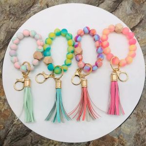 Madeiras feitas à mão Spring Rainbow Silicone Beads Keychains PU Leather Tassel Pulset Bracelet Keyrings para 2022 LL