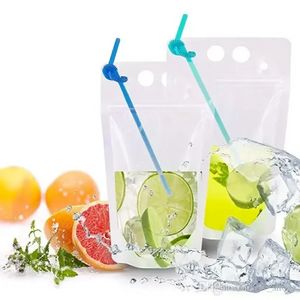 Clear Drink Pouches Väskor Frosted Zipper Stand-Up Plastic Drinking Påse med halm med hållare Reklosningsbar värmesäker FY4061 SXAUG06