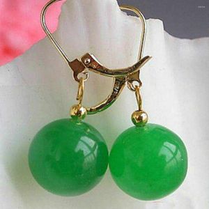 Stud Earrings 12mm Natural Green Round Jade Beads 14K Gold VALENTINE'S DAY Wedding