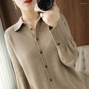 Kvinnors stickor Wool Women's Cardigan Sticked tröja Kvinnlig polo krage långärmad jacka Autumn Loose Cashmere Coat Plus Size Top