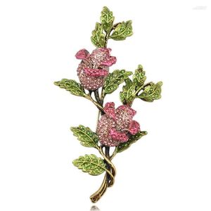 Brooches Rose Flower Brooch For Women Wedding Jewelry Pink And Green Crystal Bijuterias Fashion Leaf Pin