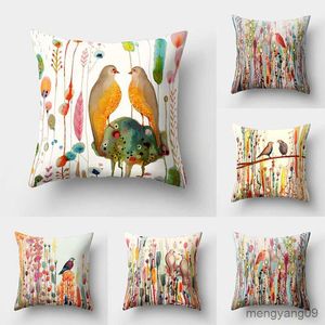 Cushion/Decorative Creative Color Painting Flowers Birds Cover Art Life Home Decoration Sofa Office Chair Lumbar Cushion Cover R230630