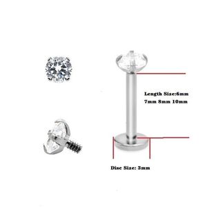 Anéis de botão de sino de umbigo calibre 16 G23 Labret piercing labial 2mm 25mm m AAAAAZircon Cartilagem de orelha Tragus Stud Ring Body Jewelry 230628