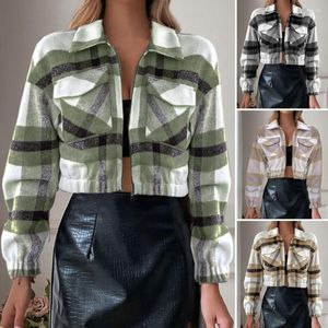 Women's Jackets Women Autumn Coat Plaid Print Flap Pockets Turn-down Collar Lapel Loose Soft Cardigan Zipper Contrast Color Spring Short