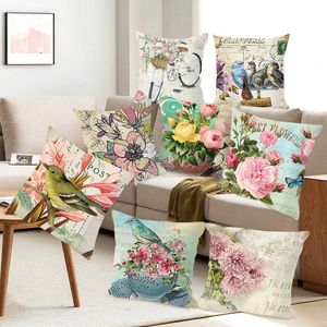 Almofada/decorativo flor pássaro padrão impressão quadrado capa de almofada sofá do carro simples decoração para casa ornamentos