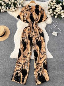 Kobiety Jumpsuits Rompers Singreiny Beach Summer Floral Jumpsuits Fashion V Neck Elastic Slim Short Sleeve 2023 Streetwear Vacation Retro Long Rompers J230629