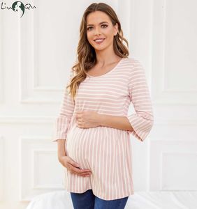 Maternity Tops Tees Liu Qu Womens Casual Striped Pregnant Shirt Peplum 34 Ruffle Sleeve Ultra Soft Pregnancy Blouse Clothing 230628