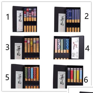 Yemek çubukları 5 Pairs Japon Doğal Bambu Yeniden Kullanılabilir Chopstick Hediye Seti Sofra Bulaşık Makinesi Damla Teslimat Ev Bahçe K Dhmvj için Yıkanabilir