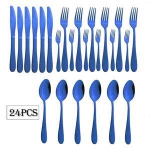 Dinnerware Sets Blue Cutlery Set Knife Fork Spoon Tableware Stainless Steel Dessert Cake Fruit Kitchen Silverware 24Pcs