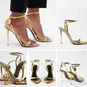 Luxuriöse Designer-Marken-Sandalen mit Vorhängeschloss, Damen-High-Heels, Riemchen, spitzer Zehenbereich, Tom-Sandale, Naked Gold-Sandalen aus metallischem Leder, Hochzeitsgeschenk, Geschenk mit Box