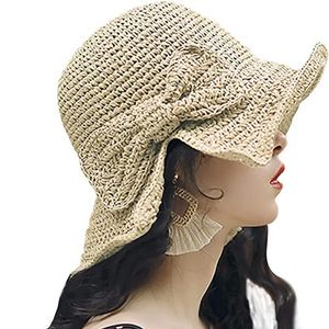 Cappello da sole estivo pieghevole a tesa larga in paglia floscia da spiaggia con fiocco per donna Cinturino regolabile