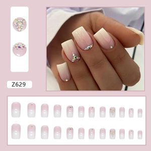 Falska naglar enkla fyrkantiga glänsande lilla strass gradient mjölk vit rosa bärbar grossist glitter zirkon med lim diy kvinna