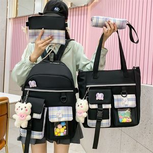 Mochilas escolares 4 em 1 para mulheres japonesas, bolsa de cor contrastante para meninas, vários bolsos, mochilas de armazenamento, grande capacidade, viagem 230629