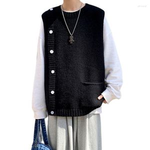 Men's Vests VERSMA Korean Vintage Plain Crewneck Vest Waistcoat For Men Tank Top Black Knitted Sleeveless Women Cropped Sweater With Buttons