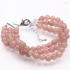 Charm Pulseiras Moda Pulseira Pedra do Sol Natural 6mm Redonda Rosa Morango Contas Femininas Cristal Pulseira Presentes Adoráveis 7,5