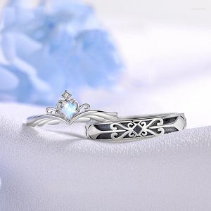 Cluster Rings Fashionable S925 Silver Color Princess Knight Moonstone Crown Couple Adjustable Love Anniversary Gift 217