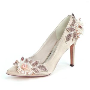 Dress Shoes Sweet Bridal Wedding Heels Pointed Toe Slip On With Lace Flower Pearl White Ivory Champagne Satin Pumps Rhinestones Leaf