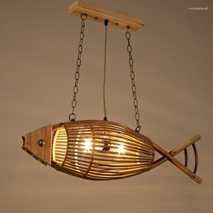 Luminárias pendentes Luzes de peixe de madeira feitas à mão Rattan penduradas Restaurante Quarto Bar Luminária para decoração de casa de chá Luminária