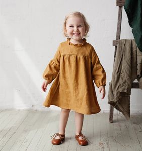 16190 Baby Girls Cotton Linne klänning barn långärmad toppar rufsar o-hals prinsessa barn klänningar