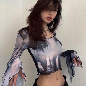 女性用Tシャツセクシーなネクタイ染料プリントTシャツロングフレアスリーブファッションクロップトップメッシュエレガントなプルオーバービンテージストリート