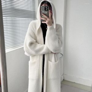 Kvinnors stickor mink kashmir huva långa kappa kvinnor vinter fullärmad överdimensionerad cardigan klänning kvinna hålla varma kvinnans kläder korea