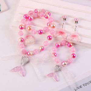 Necklace Earrings Set Baby Girls Beads Fashion Mermaid Tail Pendant Child Kids Adjustable Lovely Charm Chunky Jewelry For Gift