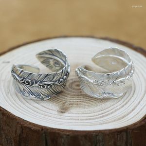 Cluster Rings Real 925 Sterling Silver Feather Couple Ring Retro Women Open Thailand Men's 2023 Jewelry