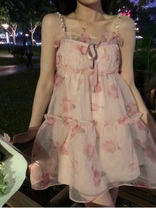 Günlük Elbiseler Yaz Kawaii Peri Çiçek Elbise Kadın Kore Moda Zarif Askı Mini Kadın Tatlı Kolsuz Prenses Parti Vestidos