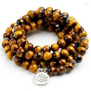 Strand Natural A Grade Tiger Eye 108 Mala Pulseira Om Budista 8MM Beads Masculino Alta Qualidade Ioga Feminino Jóias de Pedra