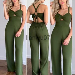 Kvinnors jumpsuits rompers kvinnor solid elegant sexig kris kors spetsar upp i ihålig skörd topp rak elastisk midja jumpsuit j230629