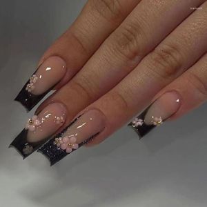 Unhas postiças 24 pçs Long Ballet Preto Francês Conjunto de Unhas Falsas Pó Espumante Flor de Diamante 3D Adesivo Reutilizável Press On Tips