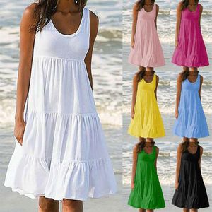 Temel Günlük Elbiseler Jocoo Jolee Kadın Gündelik O Boyun Kolsuz Ruffles Mini Elbise Boho Katı Plaj Sundress Büyük Boy Gevşek Yaz 230629
