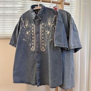 Herren-Freizeithemden, Jeanshemd, Sommer, Retro-Stickerei, kurzärmelig, einreihig, Turndown-Kragen, Tops, Cowboy für Herren