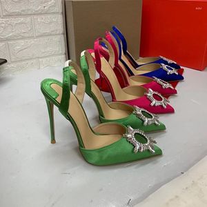 Sandals Customized Color Satin Cloth Sunflower Buckle Pointy Toe Slingback Women High Heels Shoes