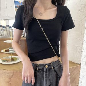 Womens T Shirts 2023 Summer Fashion Y2K T-shirt Woman Short Sleeve Solid Tee Shirt Femme High Waist Sexy Skinny Crop Top Women Low Cut