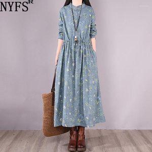 Vestidos casuais NYFS 2023 primavera outono escritório senhora cintura gravata pequena flor mulher vestido robe elbise algodão linho manga longa