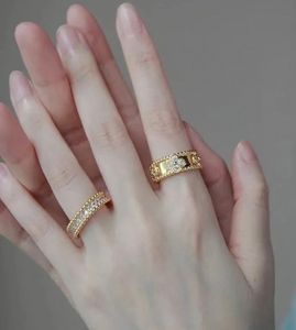 100% srebrne Perlees Pierścień czterolistek Kalejdoskop trzykolorowy Pierścień 18K Rose Gold Diamond Oficjalne logo Cleef Clover Lucky Signature Pierścienie na ślub par