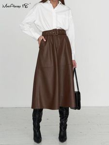 Klänningar mnealways18 faux läder vintage bruna kjolar med sashes kvinnor aline pu eleganta kjolar kontor damer vinter 2022 fick kjolar