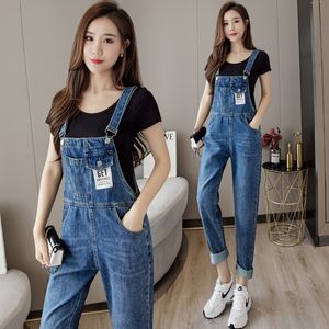 Sommer Frauen Denim Overall S-2XL Lose Beiläufige Gerade Latzhose Jeans Overalls Frauen Vintage Strampler Dunkelblau Breites Bein