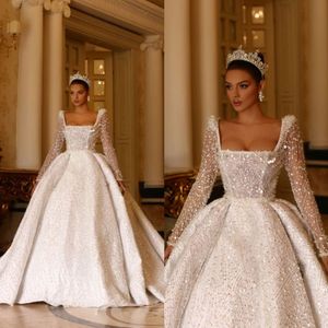 Abiti da sposa lussuosi con colletto quadrato Abito da ballo Abito da sposa a maniche lunghe in pizzo con paillettes scintillanti Abiti su misura