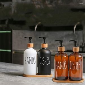 Storage Bottles Dispenser Amber WHite Black Bottle 500ML Hand Soap Dish Container Refillable Press Pump And Bamboo Shampoo Lids