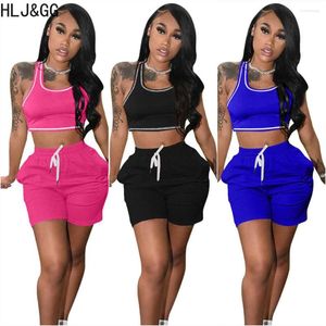 Kvinnors träningsdräkter HLJGG Casual Solid Color Matching 2st Women Sleeveless Crop Top Shorts Two Piece Set Summer Sporty Outfits 2023