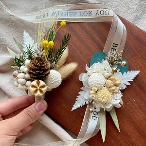 Dried Flowers Bridal Wedding Bouquet Corsages for Men Groom Grass Rose Boutonniere Buttonhole Mini Birthday Decor