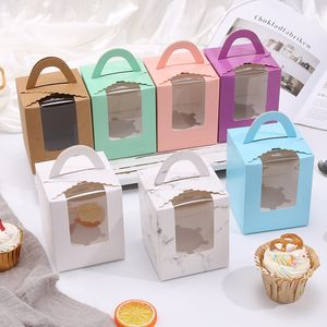 Marble Red Paper Cup Cake Box One hole Transparent Window Muffin Box White Cardboard Portable Baking Packaging Box 500pcs