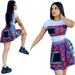 Moda feminina fina manga curta designer floral saia padrão carta saia conjunto de duas peças frete grátis