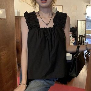 Women's Tanks Sweet Ruffles Shirt Tops Women French Style Loose Sleeveless Backless Square Collar Cami Vests Summer Fashion Chic Blouses