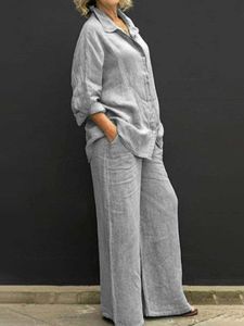 Women s Tracksuit Cotton Linen Suits 2023 Elegant Solid Long Sleeve Shirt Wide Leg Trousers Two Piece Set Female Casual Straight Pants 230629