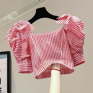 Женские блузки Sweet High Waist Short Tops Vintage Stripe Bow Zipper Puff Sleeve Square Neck Summer 2023 Woman Shirt All Match Chic Blusas