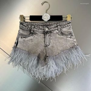 Dżinsy damskie Prepomp 2023 Kolekcja letnia pióra wysoka talia Tassel Grey Slim Denim Shorts Women Short Streetwear GH978