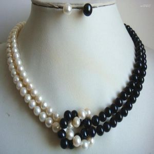 Halsband örhängen Set hand knutna 2ROWS 7-8mm White Black Freshwater Pearl For Women Fashion Jewelry